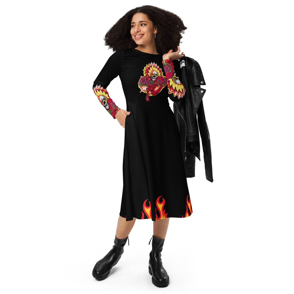 Flaming Heart - Long Sleeve Dress with Pockets