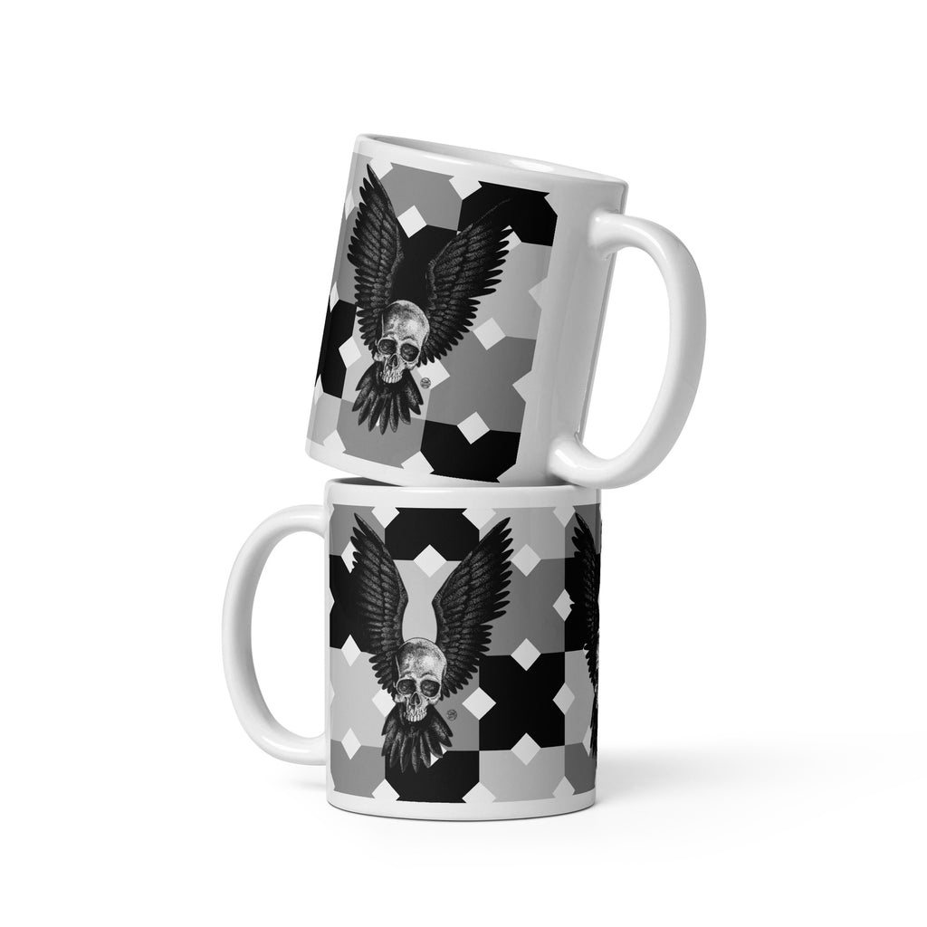 B&W Tall Skull with Wings - White Glossy Mug - 3 Size Options