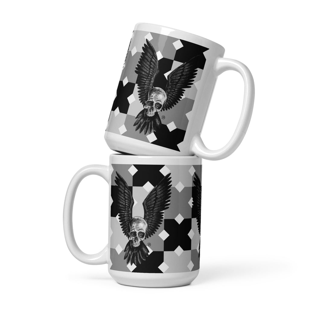 B&W Tall Skull with Wings - White Glossy Mug - 3 Size Options