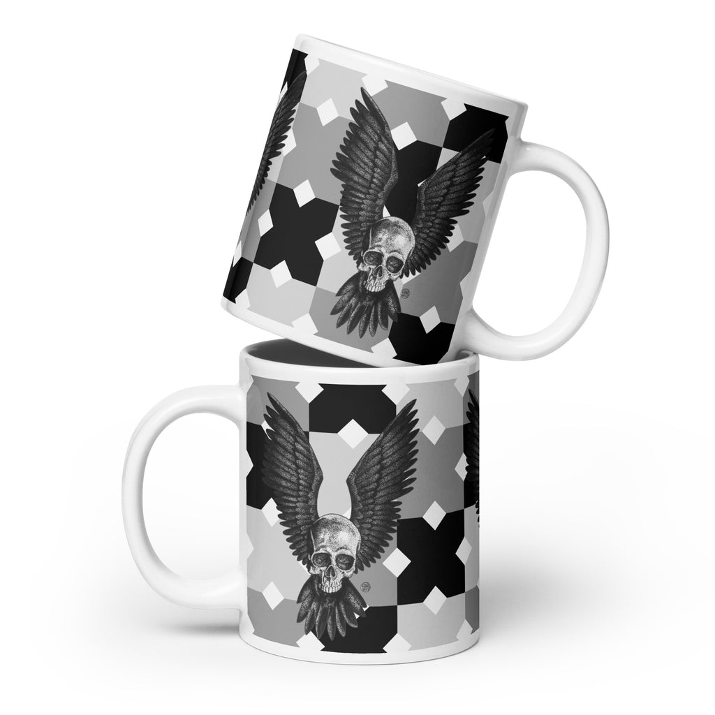 B&W Tall Skull with Wings - White Glossy Mug - 3 Size Options