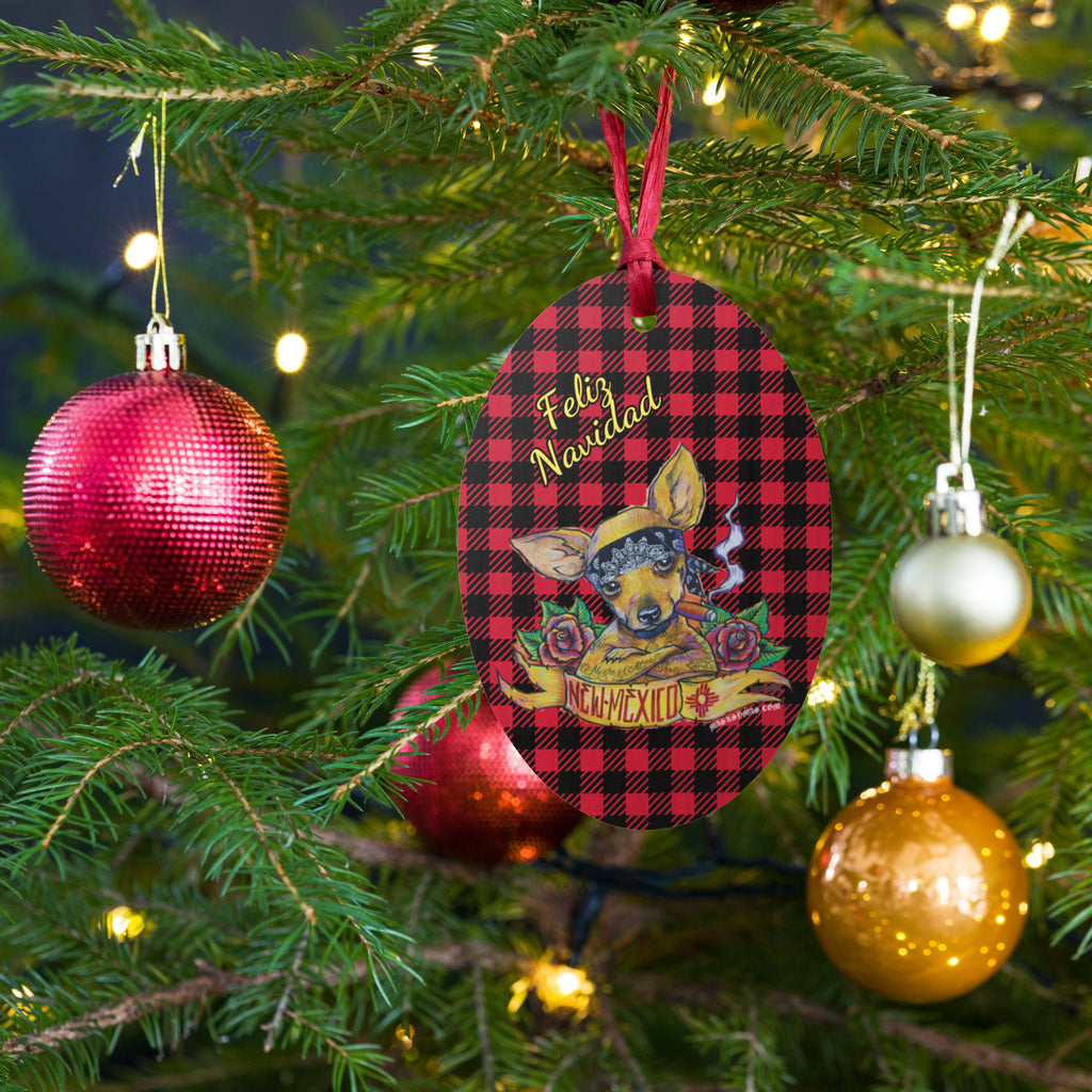 El Shorty Feliz Navidad - Plaid Oval Magnetic Wooden Ornament