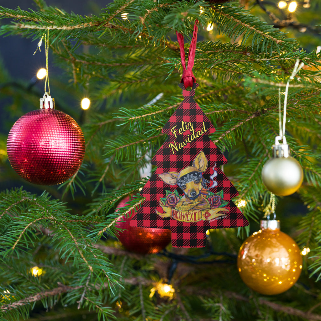 El Shorty Feliz Navidad - Plaid Tree Shaped Magnetic Wooden Ornament