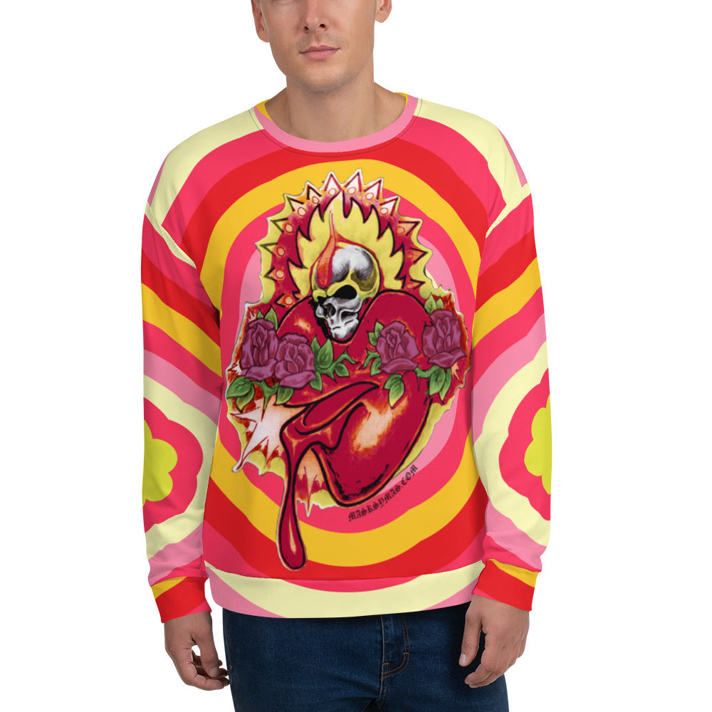 Sunny Flower Bleeding Heart Skull  - All Over Print - Eco Friendly Unisex Sweatshirt